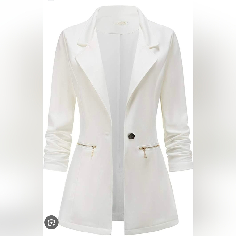 Genhoo White Cardigan Knit Blazer Gold Hardware Pockets White Jacket Size XL